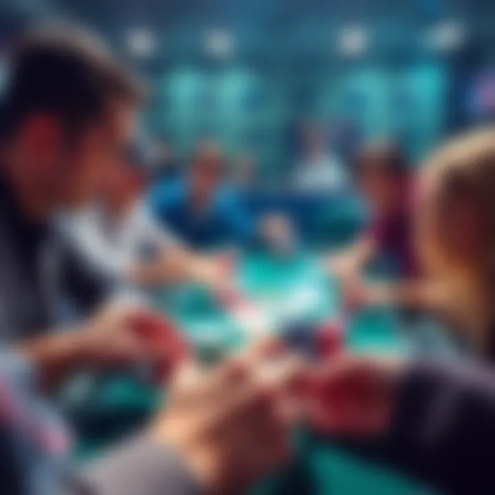 People playing Texas Hold'em poker on a mobile app with chips and cards