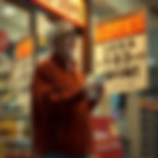 A Texas bait shop owner stands shocked with a lottery ticket in hand, looking at a nearby sign announcing the big lottery prize.