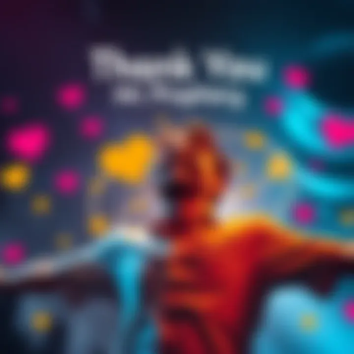 A person expressing gratitude towards Mr. Prophecy with a smile and open arms, surrounded by symbols of hope and support like hearts and stars.