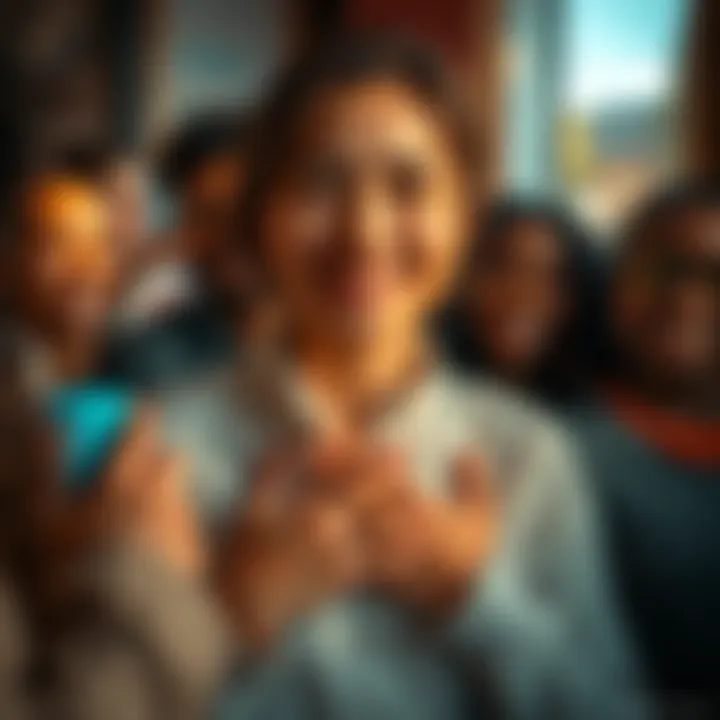 A person smiling and saying thank you with hands over their heart, surrounded by friends