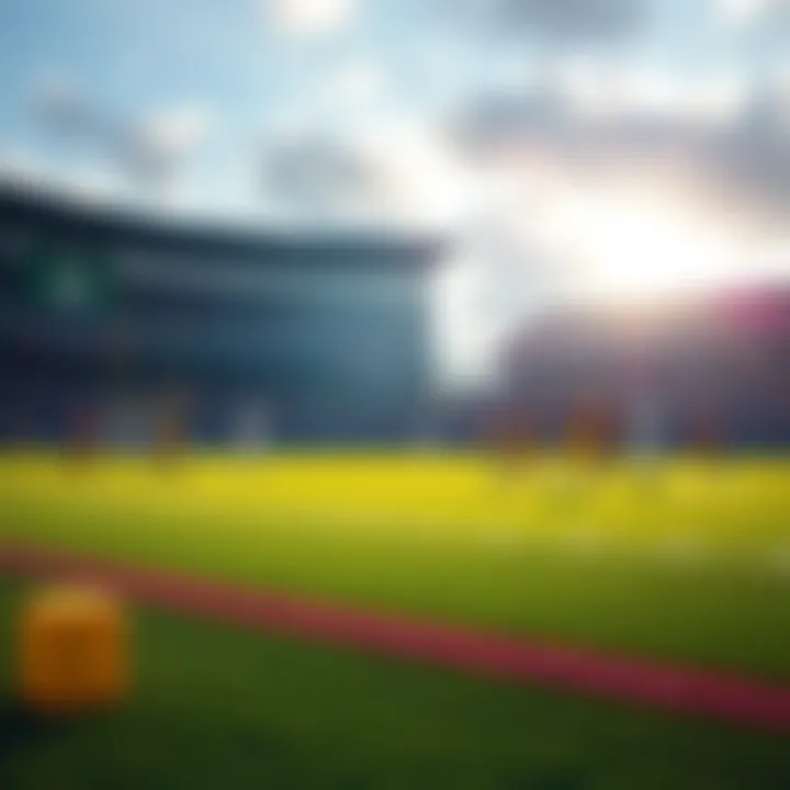 A football field with players from Detroit and Green Bay preparing for the Thanksgiving game, while Dallas and Kansas City players warm up in the background.