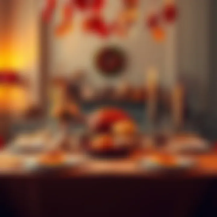 A beautifully arranged Thanksgiving table with a turkey, fall decorations, and family gathered around