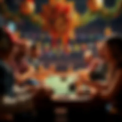 People celebrating Thanksgiving with a betting game, featuring festive decorations and sports elements.