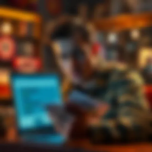 A person looking disappointed while reviewing betting slips with a laptop open showing betting odds.