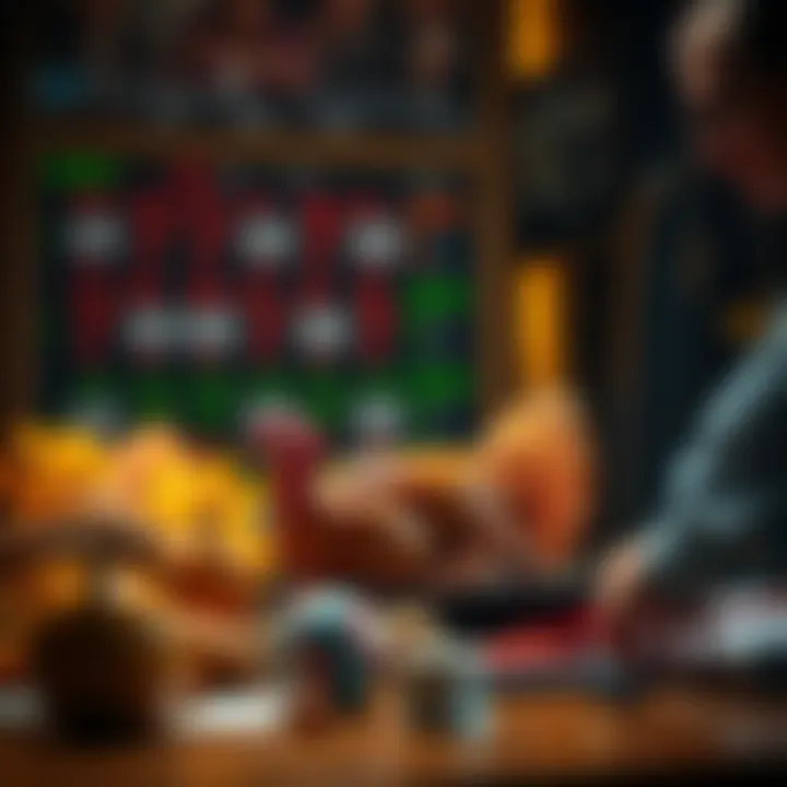 A person analyzing betting odds with a Thanksgiving theme, featuring a turkey and sports symbols on a table.