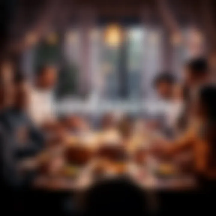 Thanksgiving Celebration People gathered around a table sharing a Thanksgiving meal, smiling and enjoying each other's company.