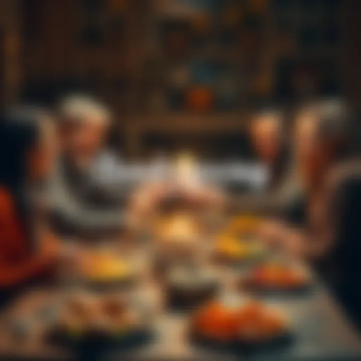 A family gathered around a table filled with Thanksgiving food, sharing smiles and laughter.