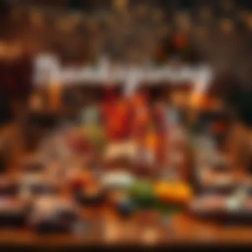 A warm Thanksgiving dinner table set with food and decorations, showcasing autumn colors.