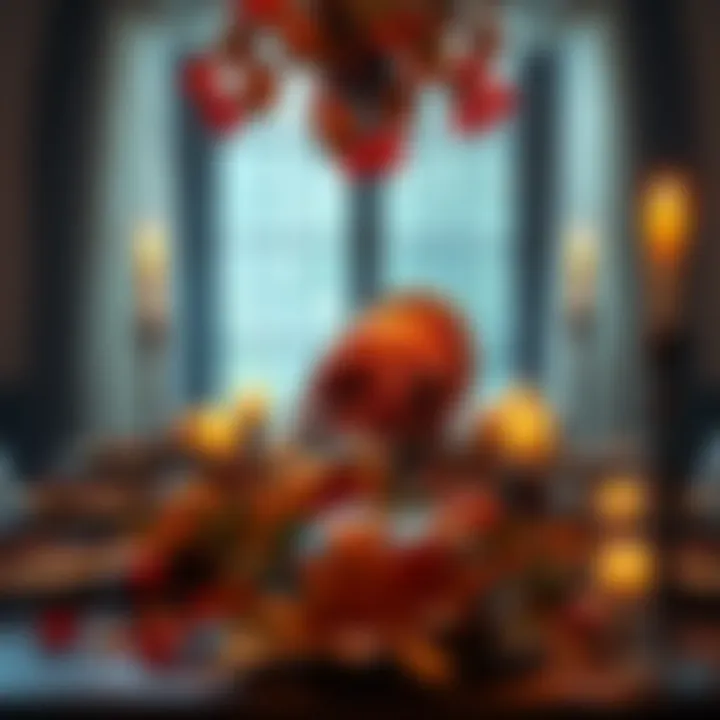 A festive table set for Thanksgiving with a turkey centerpiece, autumn leaves, and candles