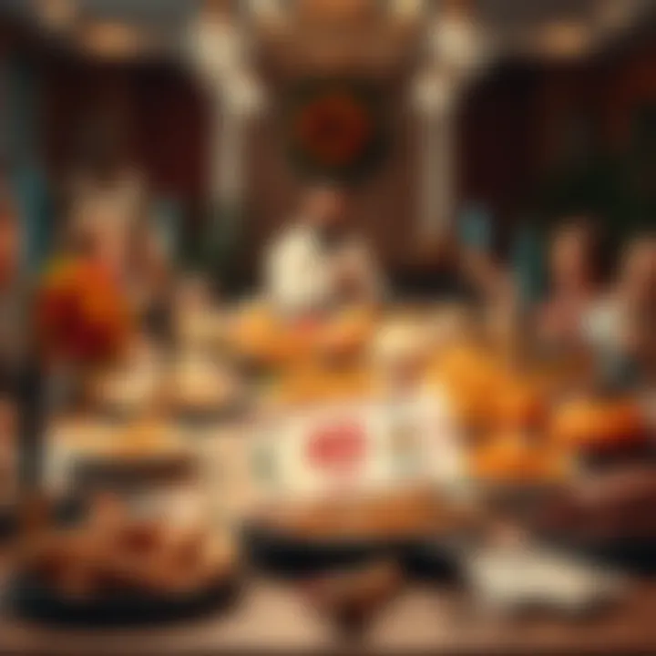 A joyful Thanksgiving table filled with food and a small lottery ticket showing a 40 cent bet.