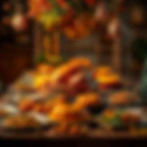 A festive Thanksgiving table set with traditional dishes like turkey, stuffing, and pumpkin pie, surrounded by autumn decorations.