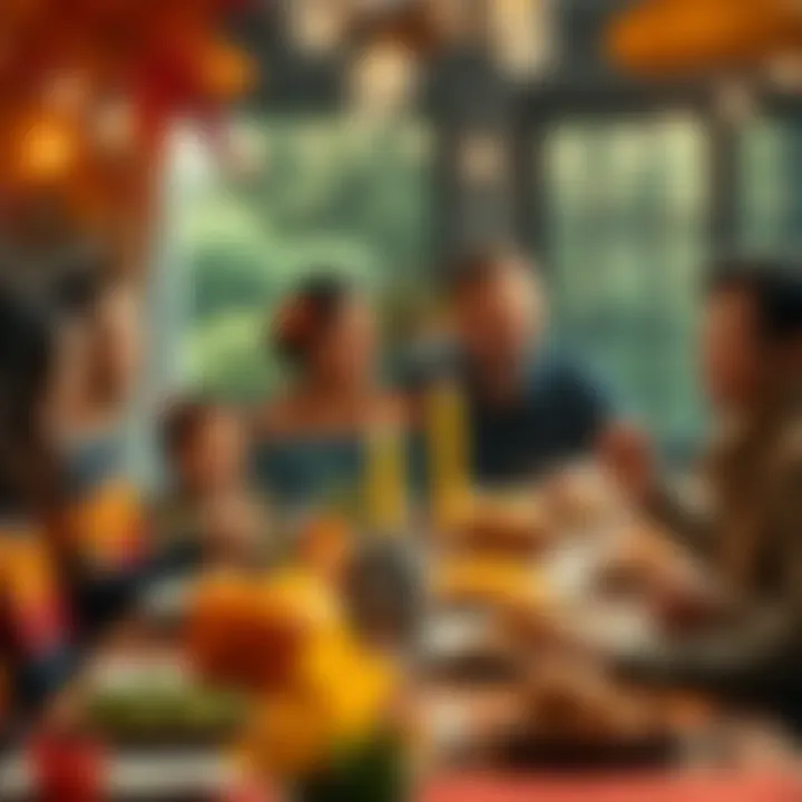 A joyful family gathered around a festive table filled with food, celebrating Thanksgiving together.
