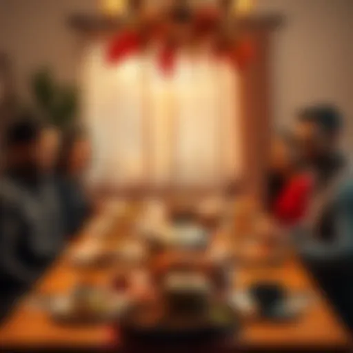 A family gathered around a dinner table filled with Thanksgiving food, enjoying the feast together.