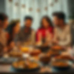 A joyful family gathered around a table filled with Thanksgiving food, sharing smiles and laughter.