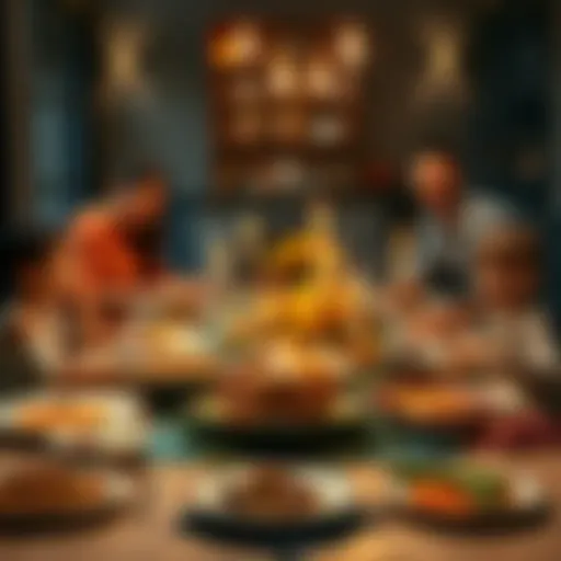 A festive Thanksgiving dinner table filled with traditional dishes like turkey, stuffing, and pumpkin pie, surrounded by family members smiling and sharing joy.
