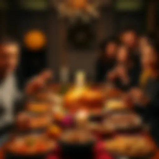 A beautifully set Thanksgiving dinner table with a turkey and side dishes, surrounded by family members enjoying the feast.