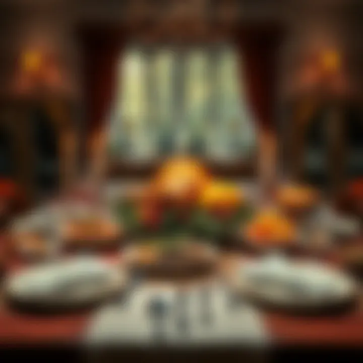 A beautifully set Thanksgiving dinner table with turkey, sides, and festive decorations