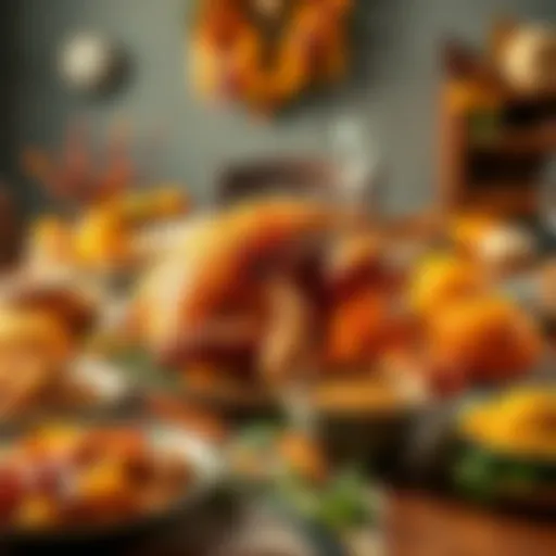 A beautifully arranged Thanksgiving dinner table featuring a roasted turkey, cranberry sauce, stuffing, and autumn decorations.