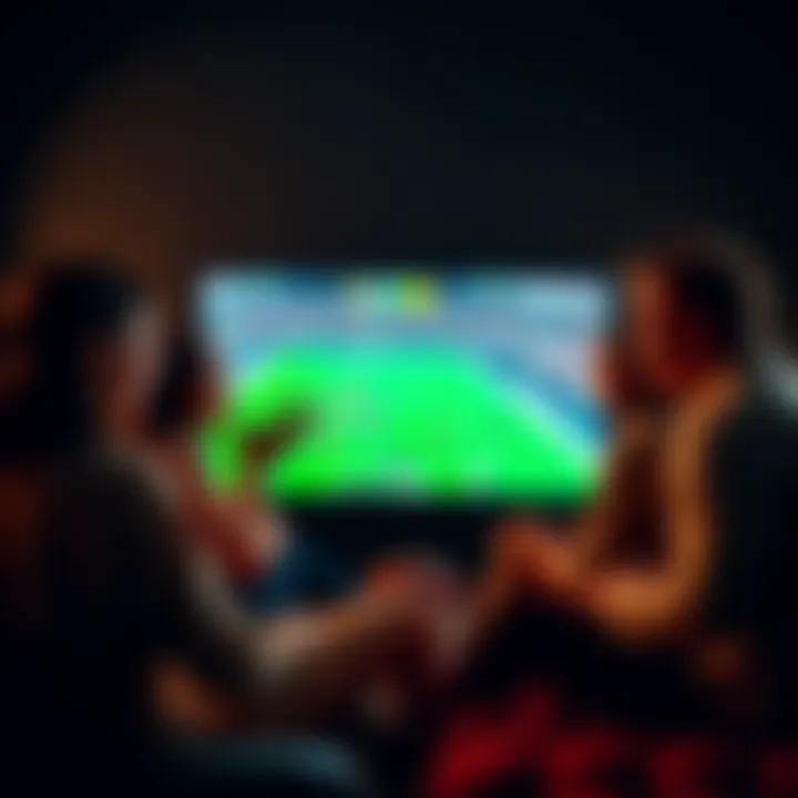 Group of friends gathered around a TV, excitedly watching a football game while discussing bets and strategies for Thanksgiving Day