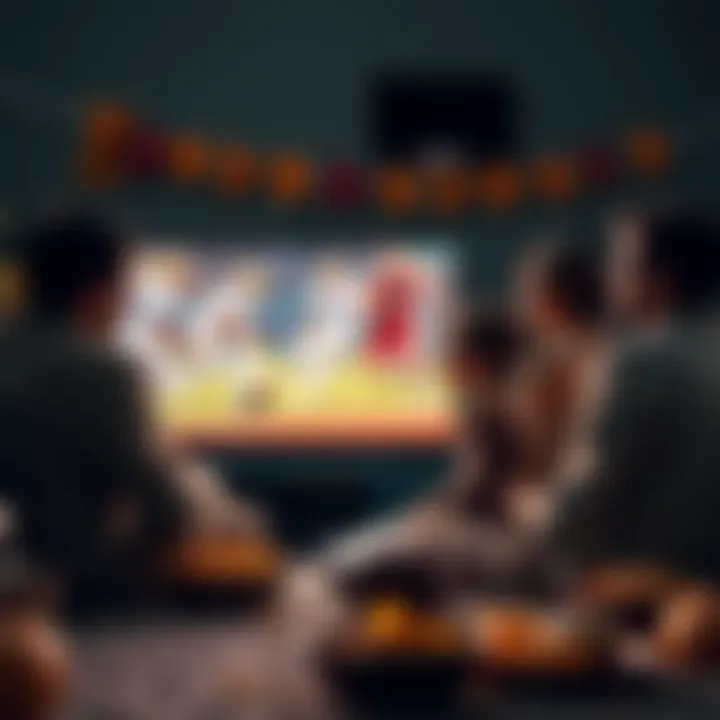 Family enjoying a Thanksgiving football game on TV with snacks around them