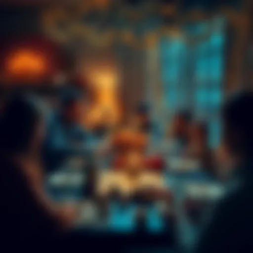 A family gathered around a table playing board games with festive decorations, enjoying Thanksgiving together.