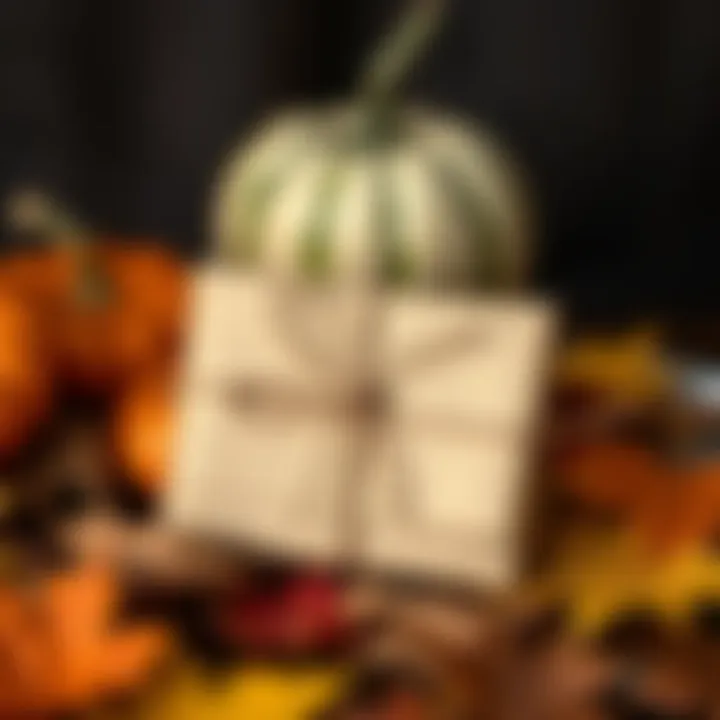 A beautifully wrapped small gift in brown paper with a rustic twine bow, surrounded by autumn leaves and a pumpkin, symbolizing the joy of simple gestures during Thanksgiving.