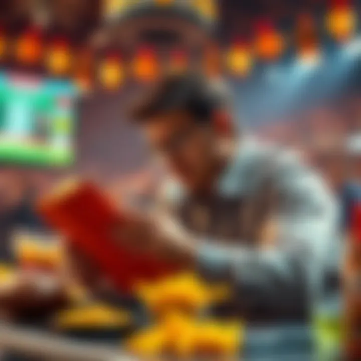 Thanksgiving halftime betting strategies A person reviewing betting options during Thanksgiving football halftime, with a festive atmosphere and snacks around.