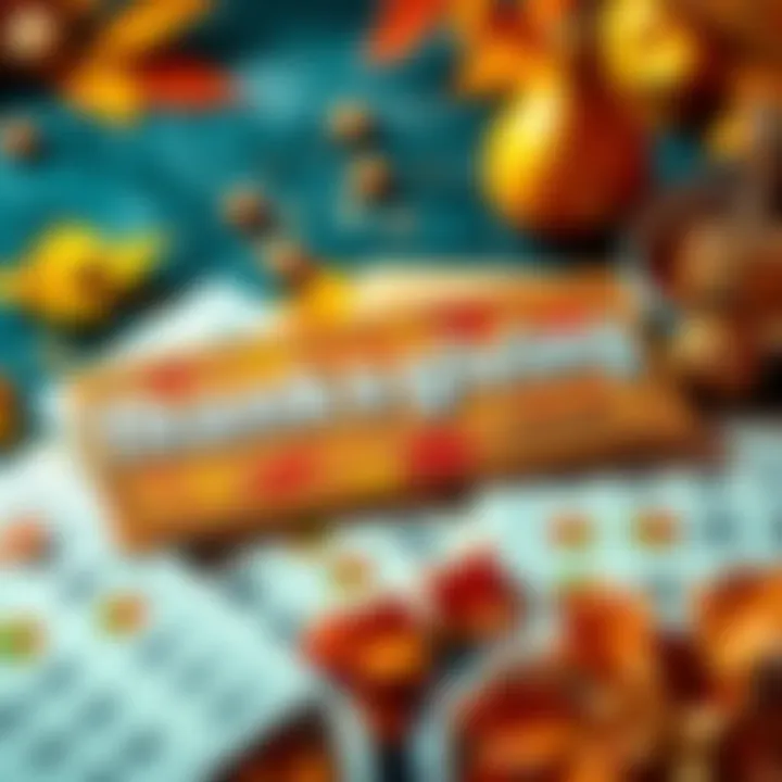 A display of Thanksgiving lottery tickets with festive decorations and autumn colors