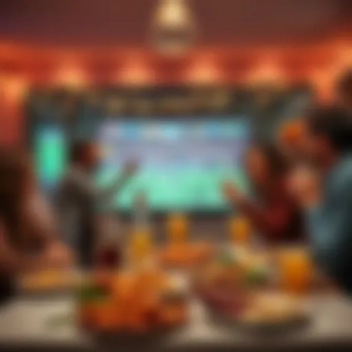 A family enjoying Thanksgiving while watching NFL games on television, with a spread of food and drinks on the table, celebrating and cheering for their team.