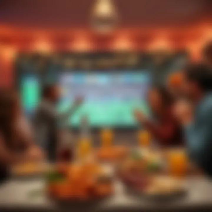 A family enjoying Thanksgiving while watching NFL games on television, with a spread of food and drinks on the table, celebrating and cheering for their team.