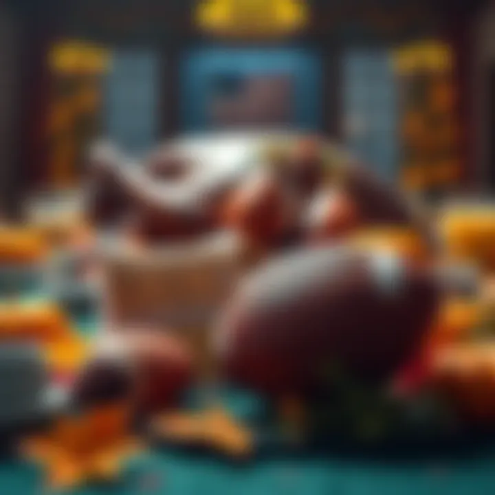 A football and betting slips on a Thanksgiving table with turkey and decorations