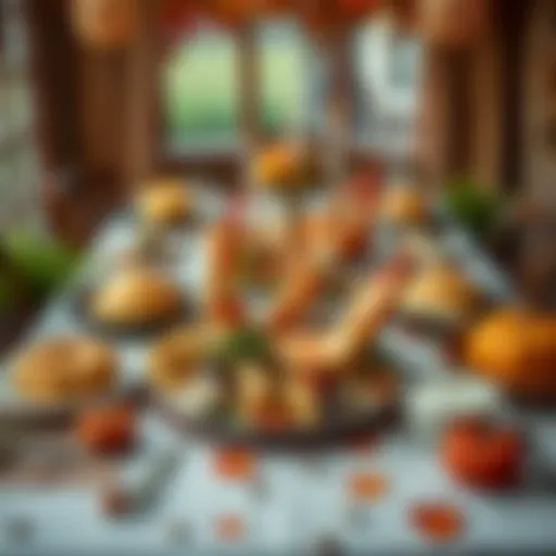 A festive Thanksgiving table set with various dishes, including a seafood platter with 9 crab legs, surrounded by autumn decorations