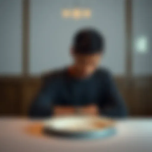 A person sitting alone at a table with an empty plate and a worried expression, reflecting on their battle with gambling addiction during Thanksgiving.