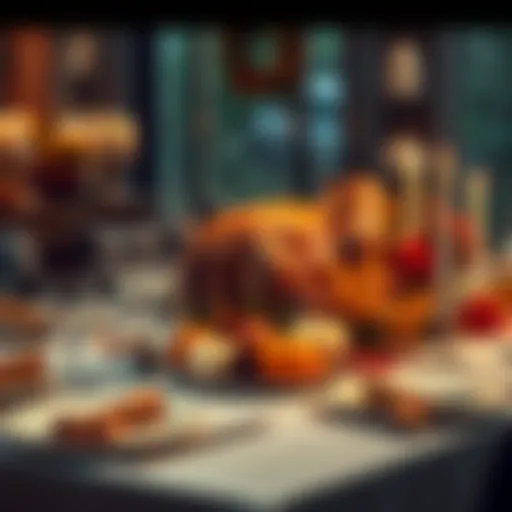 A beautifully set Thanksgiving table with a turkey centerpiece and fall decorations