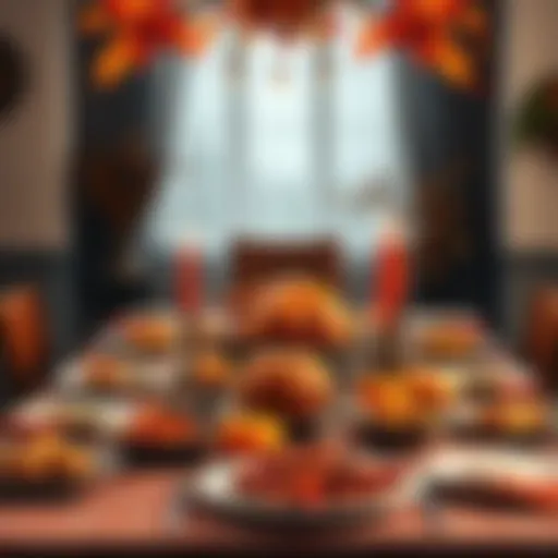 A beautifully arranged Thanksgiving table with autumn decorations, plates of food, and a turkey centerpiece.