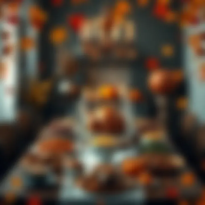 A beautifully arranged Thanksgiving table with turkey, side dishes, and autumn decorations