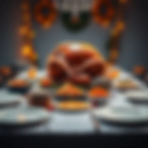 A table set for Thanksgiving with a turkey and sides, showing celebrations and empty plates symbolizing losses.