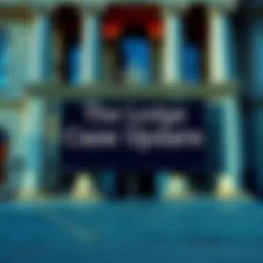 A courthouse exterior with the words 'Case Update' displayed prominently on a bulletin board, symbolizing the recent withdrawal of charges against The Lodge.