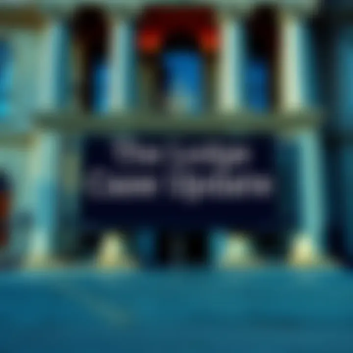 A courthouse exterior with the words 'Case Update' displayed prominently on a bulletin board, symbolizing the recent withdrawal of charges against The Lodge.