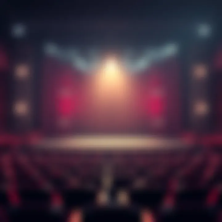 A theater stage illuminated by a bright spotlight, ready for a performance with empty seats in the foreground.