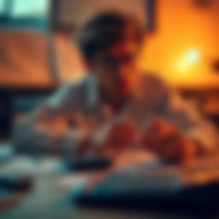 A person contemplating over financial documents and a calculator, weighing the decision to cash out or keep earnings