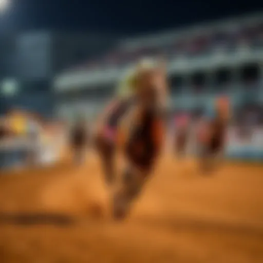 A thoroughbred horse racing on a dirt track with spectators cheering in the background