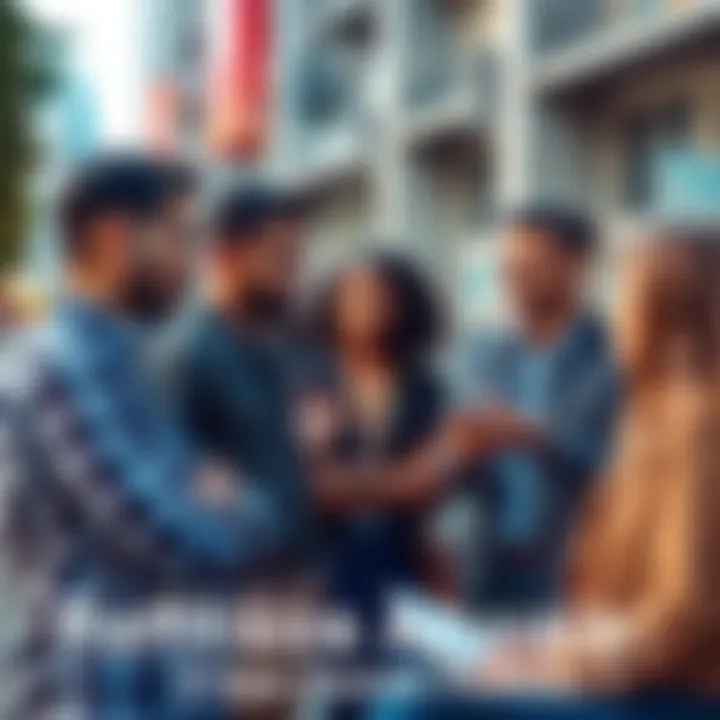A group of diverse individuals engaged in a conversation, sharing thoughts and ideas in an urban setting.