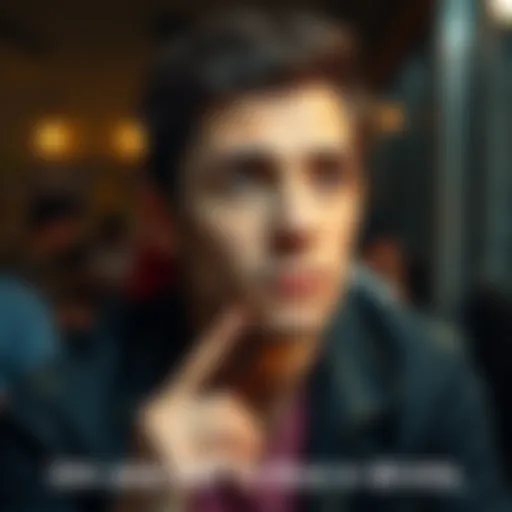 Thoughtful Person A person with a thoughtful expression, analyzing various scenarios in a casual setting.