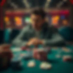 A person reflecting on their gambling experiences, seated at a card table with cards and chips scattered around, expressing a sense of loss.