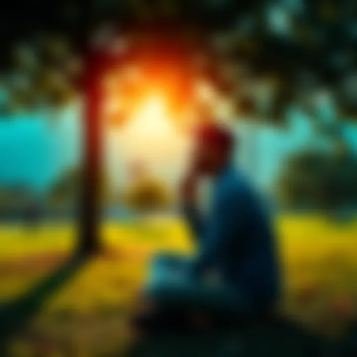 A person sitting quietly in a park, deep in thought, surrounded by nature.