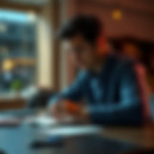 A person sitting at a table, looking thoughtfully at a notebook and pen, symbolizing current reflections and discussions.