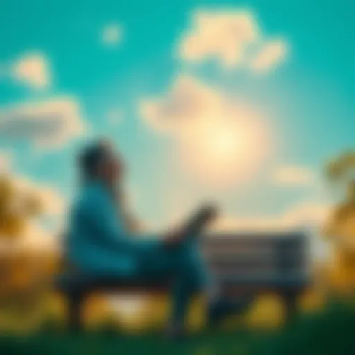 A person sitting on a park bench, gazing thoughtfully at the sky with a journal in hand, surrounded by nature.