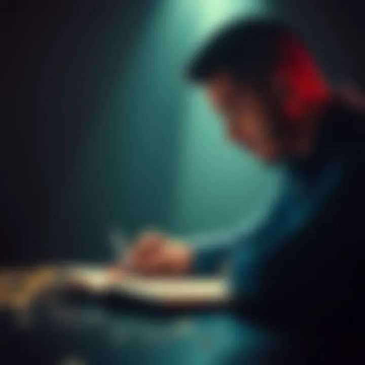 A person thinking deeply while writing in a notebook, surrounded by light and inspiration, symbolizing positive reflection.