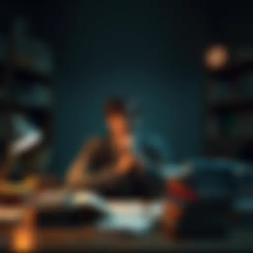 A person sitting at a desk with a thoughtful expression, surrounded by books and notes, symbolizing reflection on thoughts and critical thinking.
